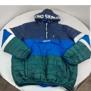 Members Only Jacket Adult XXL Blue Green Color Block Kangaroo Pocket Spellout